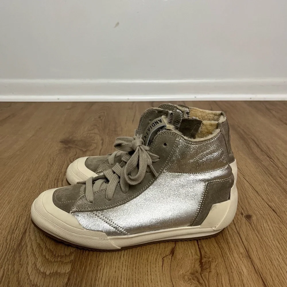 Andia‎ Fora Beige Metallic Silver High Top Side Zipper Lace Up Sneakers Size 39
